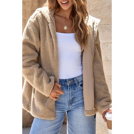 Pale Khaki Fleece Zip Up Drawstring Hooded Pocketed Jacket