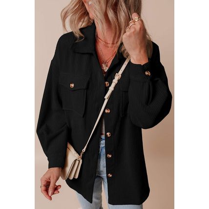 Black Corduroy Flap Pocket Button Up Shacket