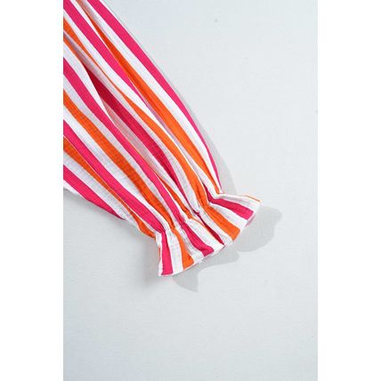 Orange Stripe Balloon Sleeve Notched V Neck Buttoned Front Blouse