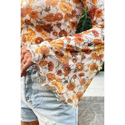 Orange Floral Printed Bell Sleeve Mock Neck Scallop Trim Blouse