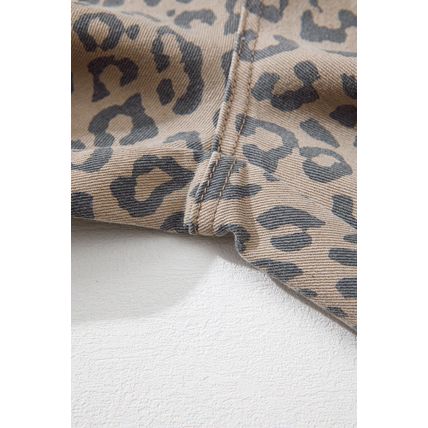 Khaki Leopard Printed Drawstring Waist Pocketed Wide Leg Jeans