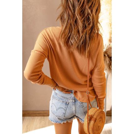 Orange Waffle Knit Henley Top