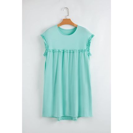 Mint Green Frilled Trim Crew Neck Loose Fit Mini Dress