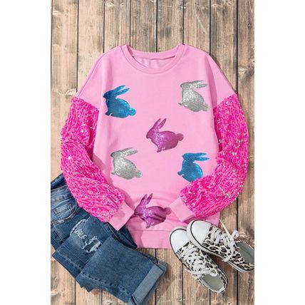 Pink Easter Bunny Patched Graphic Sequin Long Sleeve Top