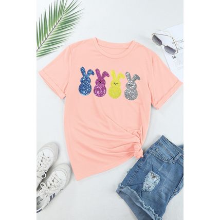 Pink Sequin Cute Bunny Graphic Easter Fashion Tee