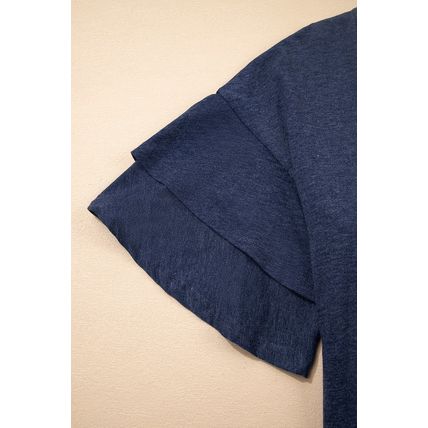 Sail Blue Solid Colour V-Neck Double Layer Sleeve Loose T-Shirt