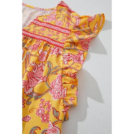 Yellow Floral Notched Neck Ruffled Sleeve Casual Blouse