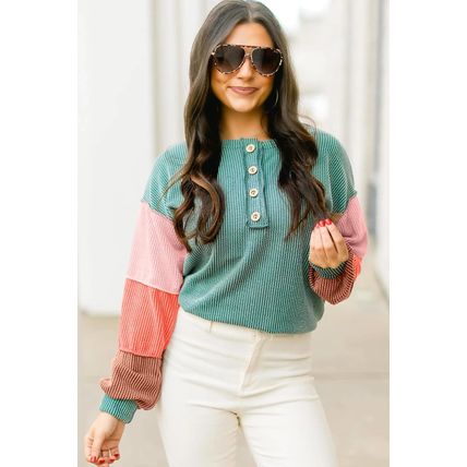 Multicolour Twisted Ribbed Knit Colorblock Henley Top