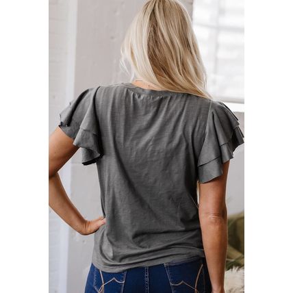 Dark Grey Sequin Turquoise Pattern Ruffle Sleeve Cowgirl Tee