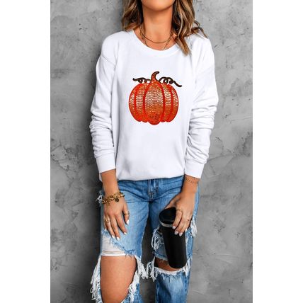 White Sequin Pumpkin Patched Casual Pullover Graphic Sweatshirt