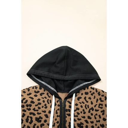 Brown Leopard Patchwork Contrast Stitching Knotted Cuff Quarter Zip Hoodie