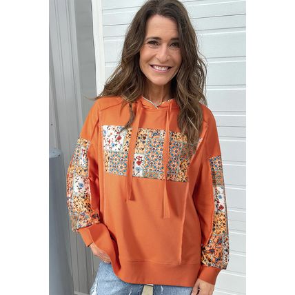 Flamingo Mix Floral Patchwork Side Slit Drawstring Hoodie