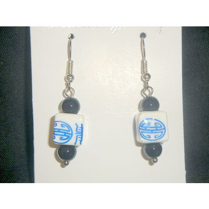Oriental Chinnese style white ceramic cube blue script earrings