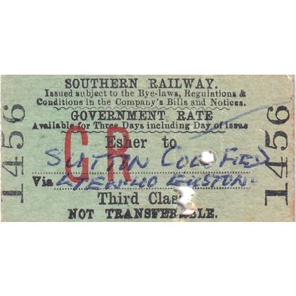ESHER - SUTTON COLDFIELD 1977 Southern Railway WARRANT Ticket SR 1456 Edmundson