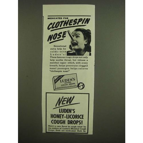 1945 Luden's Menthol Cough Drops Ad - for Clothespin Nose