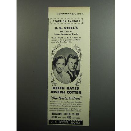 1952 U.S. Steel Hour Ad - The Wisteria Trees - Helen Hayes, Joseph Cotton