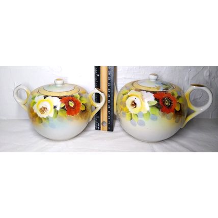 Vintage Teapot & Sugar Bowl w/Lid Poppy Flowers Gold Trim Orange White Japan