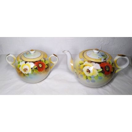 Vintage Teapot & Sugar Bowl w/Lid Poppy Flowers Gold Trim Orange White Japan