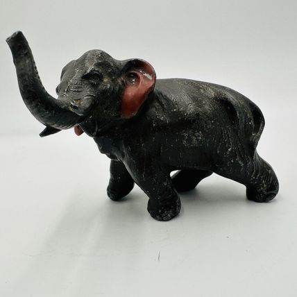 Vintage Metal Elephant Figurine Trunk Up Realistic Japan Metal Red Ears