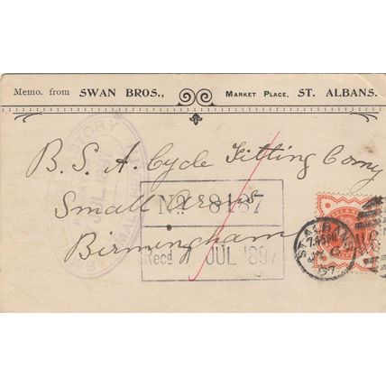 St Albans Herts 1897 Victorian Card To Antique Birmingham Bicycle Shop