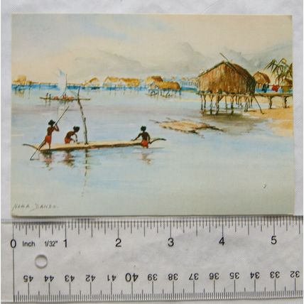 1979 postcard Native Village, Papua by Nora Dando