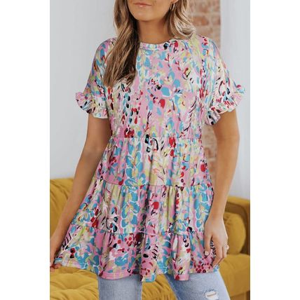 Pink Floral Print Ruffle Sleeve Babydoll Top