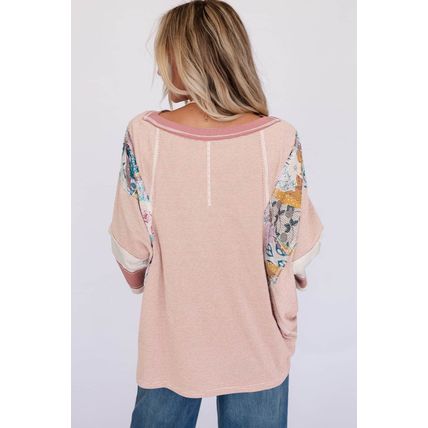 Pink Printed Pinstriped Color Block Patchwork Oversized Top