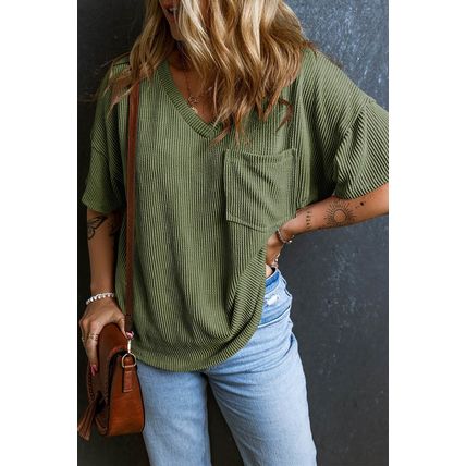 Jungle Green Corded V Neck Chest Pocket Loose T-shirt