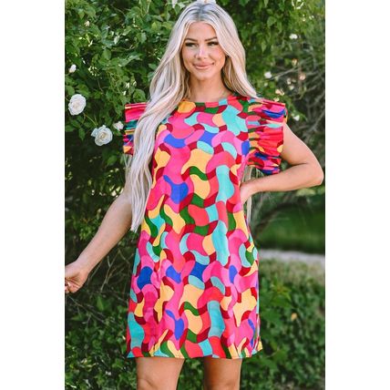 Rose Red Abstract Print Ruffle Sleeve Shift Dress
