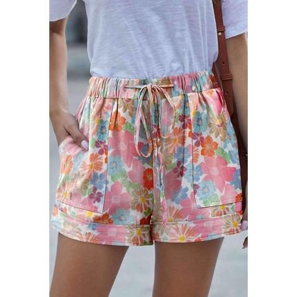 Pink Floral Print Side Pockets Drawstring Casual Shorts