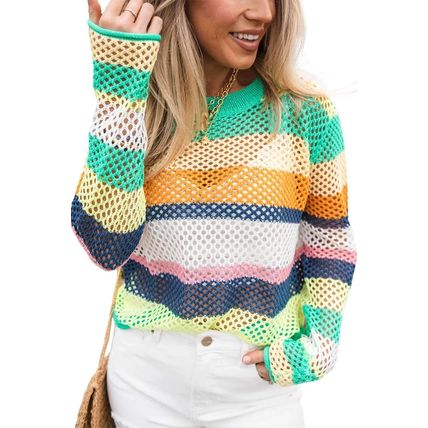 Green Colorblock Patchwork Knit Crochet Eyelet Sweater