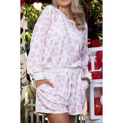 Pink Leopard Print Long Sleeve Top Plus Size Shorts Set