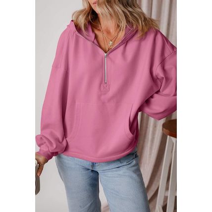Valerian Fleece Lined Half Zipper Kangaroo Pockets Loose Hoodie