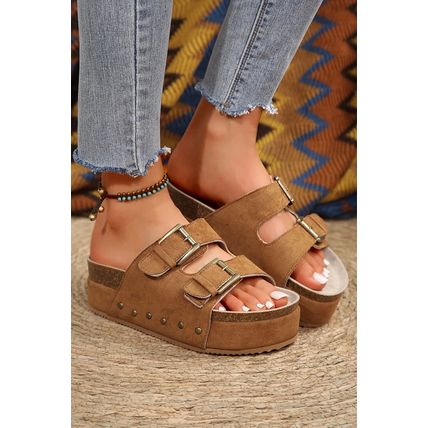 Chestnut Suede Buckle Decor Footbed Sandal Slippers