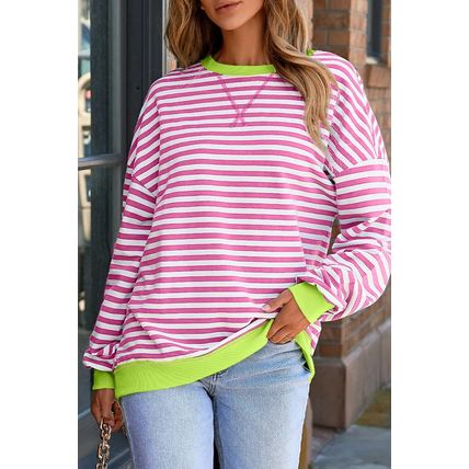 Rose Red Striped Contrast Ribbed Trim Crossed Stitch Drop Shoulder Sweatshirt