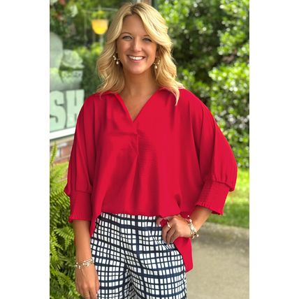 Fiery Red V Neck Collared Shirred 3/4 Sleeve Oversized Tunic Top