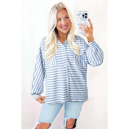 Sky Blue Stripe Half Button Collared Chest Pockets Loose Fit Blouse