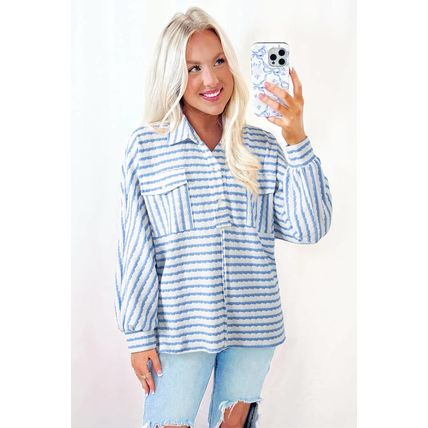 Sky Blue Stripe Half Button Collared Chest Pockets Loose Fit Blouse