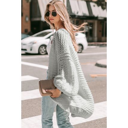 Gray Chunky Oversize Knit Drop Shoulder Puff Sleeve Cardigan