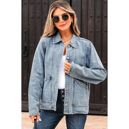 Myosotis Scallop Trim Collar Patched Pocket Button Up Denim Jacket