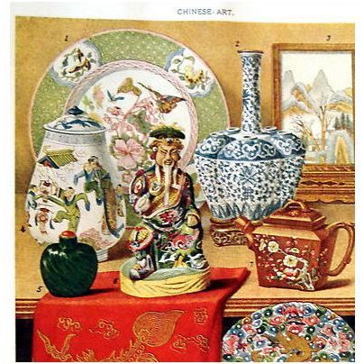 Antique 1904 Chinese Art color print litho sculpture enamel porcelain ceramics