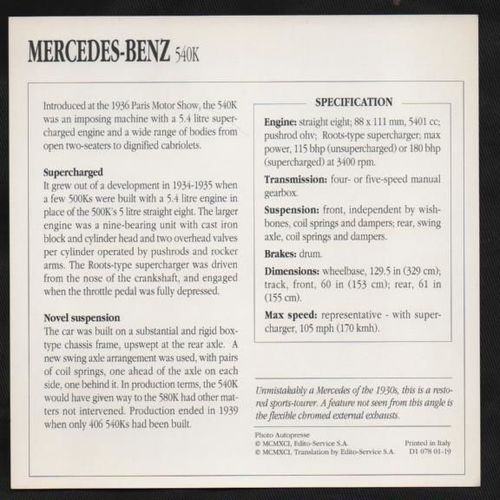 1936 to 1939 Mercedes-Benz 540K Classic Car Photo and Info Card