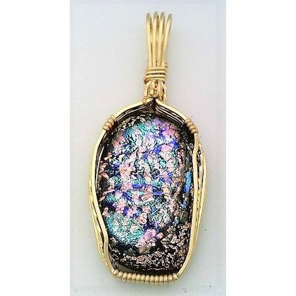 Blue Pink Dichroic Glass Gold Filled Wire Wrap Pendant 5