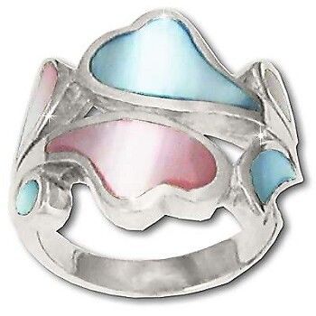 925 Sterling Silver Pink and Blue Mother Of Pearl Heart Wave Ring