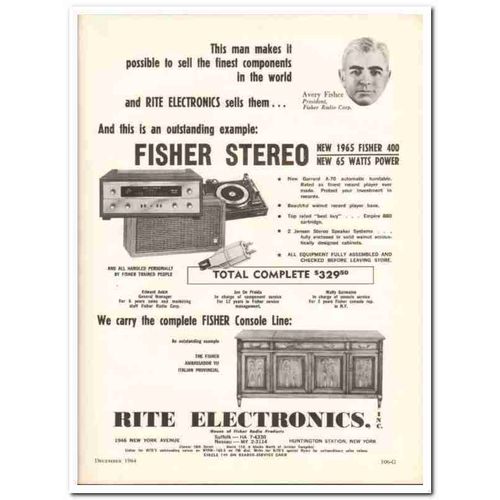 RITE ELECTRONICS INC 1964 Fisher Radio model 400 stereo vintage ad