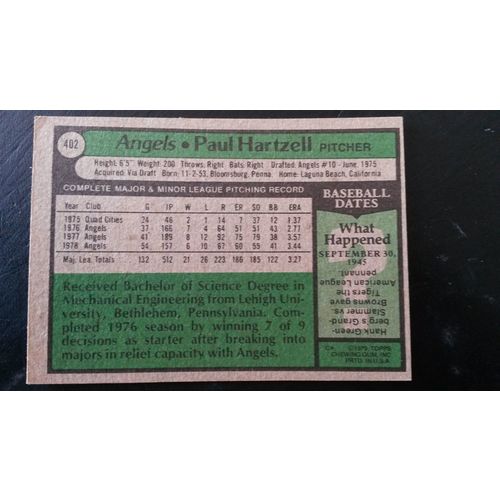 1979 Topps Card # 402 Paul Hartzell Very Good-Excellent (4) California Angels