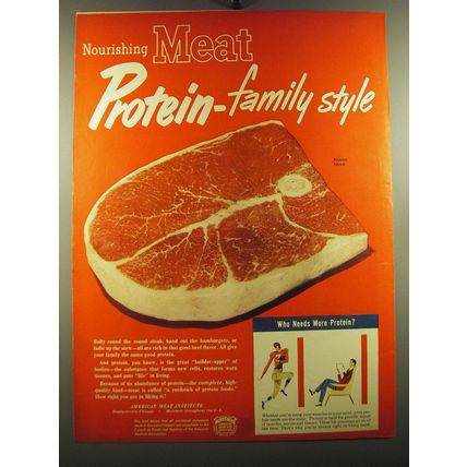 1950 American Meat Institute Ad - Nourishing Meat protein-family style