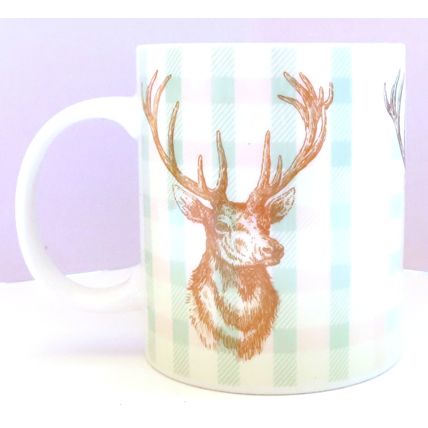 Stag Mug Bone China Ceramic with Tartan Background 9.5 CM