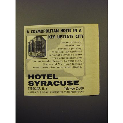 1959 Hotel Syracuse Ad - A Cosmopolitan Hotel in a Key Upstate city