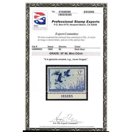 RW22, Mint NH XF $2 Duck Stamp PSE Graded 90 Certificate PL# - Stuart Katz